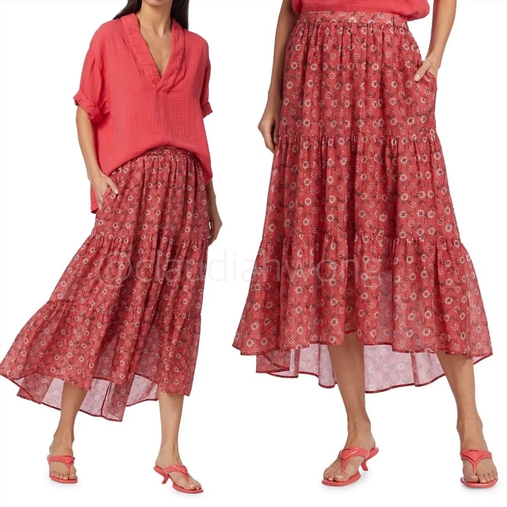 XIRENA Iris Tiered Ruffle Midi Skirt in Coral Blush Red